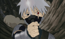 a cartoon character with white hair and red eyes is holding a sword in his hand