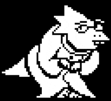 a black and white pixel art of a wolf with glasses and a gun .