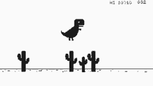 a dinosaur is jumping over a row of cactus in a game .