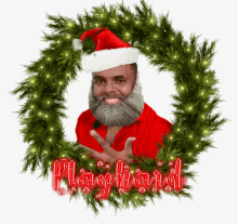 a man with a beard wearing a santa hat is surrounded by a christmas wreath that says playhard