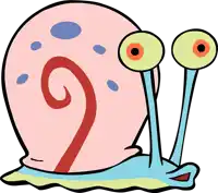 a cartoon drawing of a snail with big eyes and a red swirl