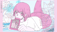 a drawing of a girl with pink hair holding a photo