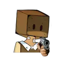 a cartoon character with a cardboard box on his head is pointing a gun