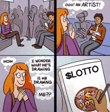 a cartoon of a woman looking at a book that says lotto on it