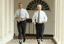 barack obama and joe biden are running down a hallway together .