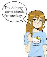 a cartoon of a girl with a hello kitty shirt that says anxious on it