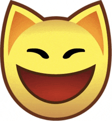 a yellow cat smiley face with its eyes closed and its mouth wide open