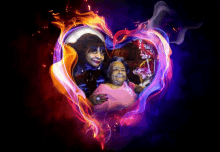 a woman in a pink shirt is surrounded by flames in a heart shape