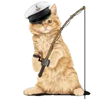 a cat wearing a captain 's hat is holding a fishing rod with a fish on it