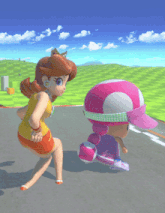 a cartoon character named daisy and a cartoon character named toad are running down a road