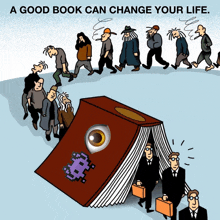 a cartoon of people walking around a book that says " a good book can change your life " at the top