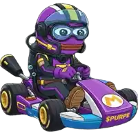 a cartoon character is riding a purple go kart with the word purpe on the side