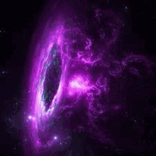 a purple galaxy with a black hole in the middle of it in space .