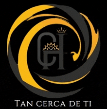 a black and yellow logo with the words tan cerca de ti