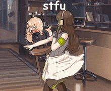 a cartoon drawing of a girl sitting at a table with the word stfu above her