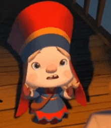 a cartoon character is wearing a red hat and a blue and red dress .