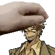 a hand is holding a man 's head in a pixel art .