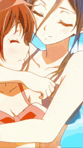 a couple of anime girls are hugging each other and one has blue eyes