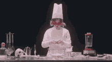 a little girl in a chef 's hat and goggles prepares food in a bowl