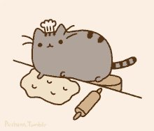 a drawing of a cat wearing a chef 's hat and a rolling pin