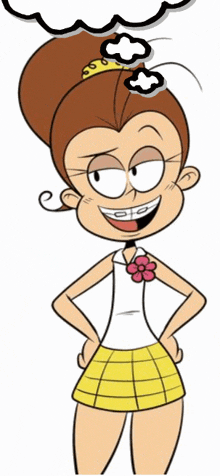 a cartoon girl with braces on her teeth is standing with her hands on her hips and a thought bubble above her head .