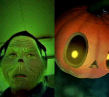 a man in a green mask is next to a pumpkin