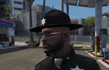 a police officer wearing sunglasses and a hat with a sheriff 's star on it