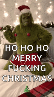 a grinch sitting on a bed with the words ho ho ho merry fucking christmas written below him