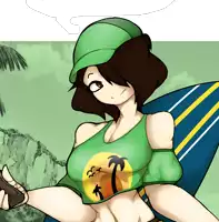 a cartoon of a girl holding a surfboard and wearing a green hat