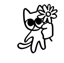 a black and white drawing of a cat with a flower in its mouth .