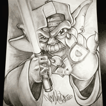 a black and white drawing of a cartoon character holding a light saber with the letter d on it