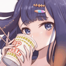 a girl with purple hair is drinking from a cup of noodles with chopsticks