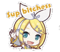 a sticker of a girl with a bow on her head says `` sup bitches '' .