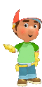 a cartoon character is wearing a green shirt , a white hat , and yellow gloves .