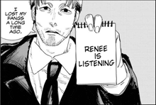 a man in a suit and tie is holding a notepad with the words renee is listening written on it .
