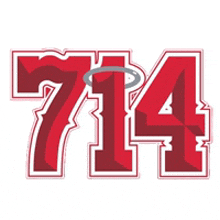 the logo for the los angeles angels is red and white with a white halo around the number 714 .