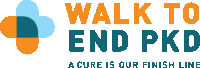 a logo that says walk to end pkd with a blue and orange cross