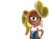 coco from crash bandicoot is wearing overalls and a white t-shirt