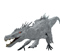 a gray dinosaur with red eyes and sharp teeth