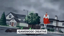 a cartoon of a man in a red cape standing on a rock in front of a house .