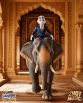 a cartoon character is riding on the back of an elephant with the words love laughter wisdom on the bottom