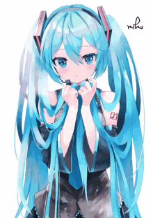 a girl with blue hair and headphones has the number 01 on her arm