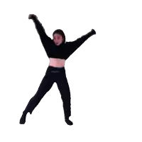 a woman in a black crop top and black pants is dancing on one leg