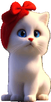 a white cat with blue eyes is wearing a red bow on its head