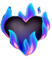 a black heart is surrounded by blue and pink flames