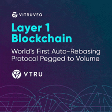 a poster for vitruveo layer 1 blockchain which is the world 's first auto-rebasing protocol pegged to volume