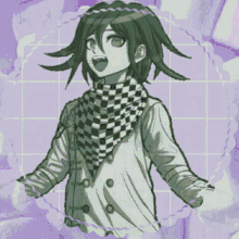 a black and white drawing of a person with purple hair and a checkered scarf