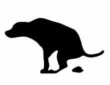 a black and white silhouette of a dog sitting down with its poop on the ground