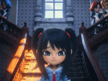 a little girl standing on a set of stairs