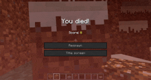 a minecraft screen that says you died and a score of 0